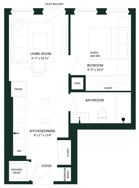 Floor plan for 1 bed, 1 bath, 495 sqft